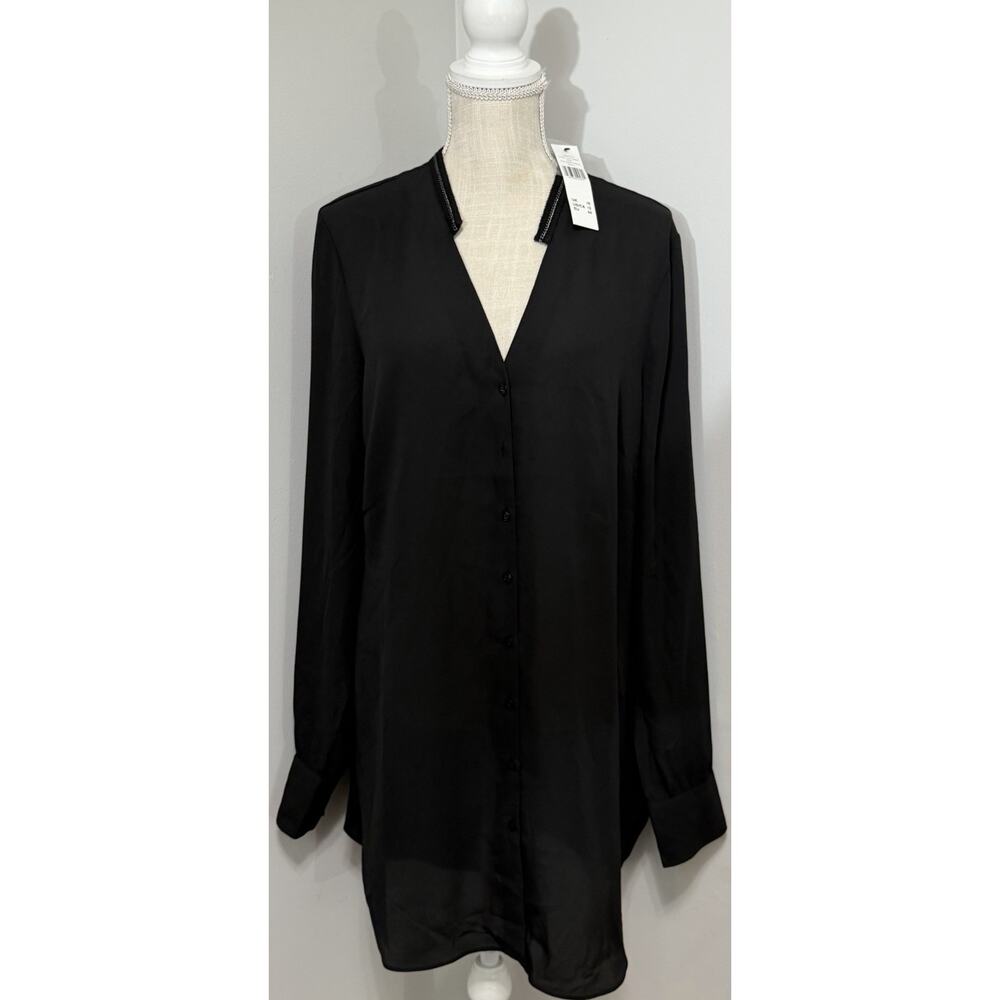 NEW Long Tall Sally Top Blouse Shirt Black Chain Trim Button Front US 12 UK 16